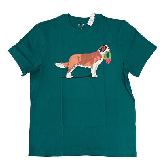 **NWT J. Crew Men's Green W/ Christmas St. Bernard & Wreath Graphic Tee - - Picture 1 of 10